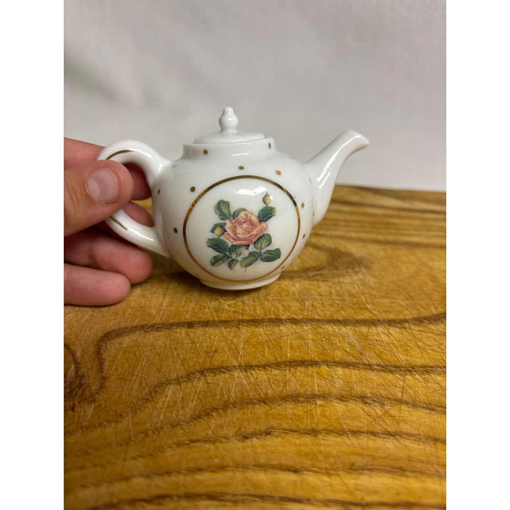 Cottagecore White Pink Rose Gold Dot Miniature Teapot Shabbychic Victorian